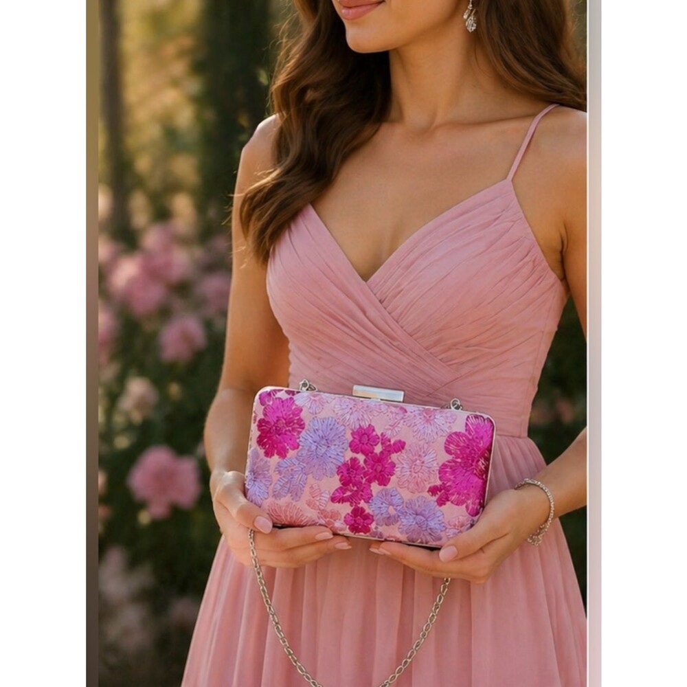 Chi Chi London Pink Floral Embroidered Clutch NWOT Silver Chain Evening Wedding